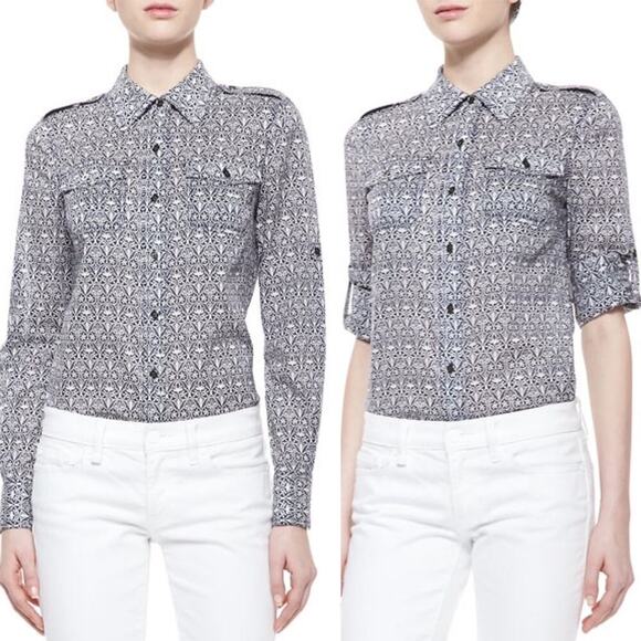 Tory Burch Brigitte paisley floral Button-Down Blouse Carinthia Navy tab sleeves - Picture 1 of 7